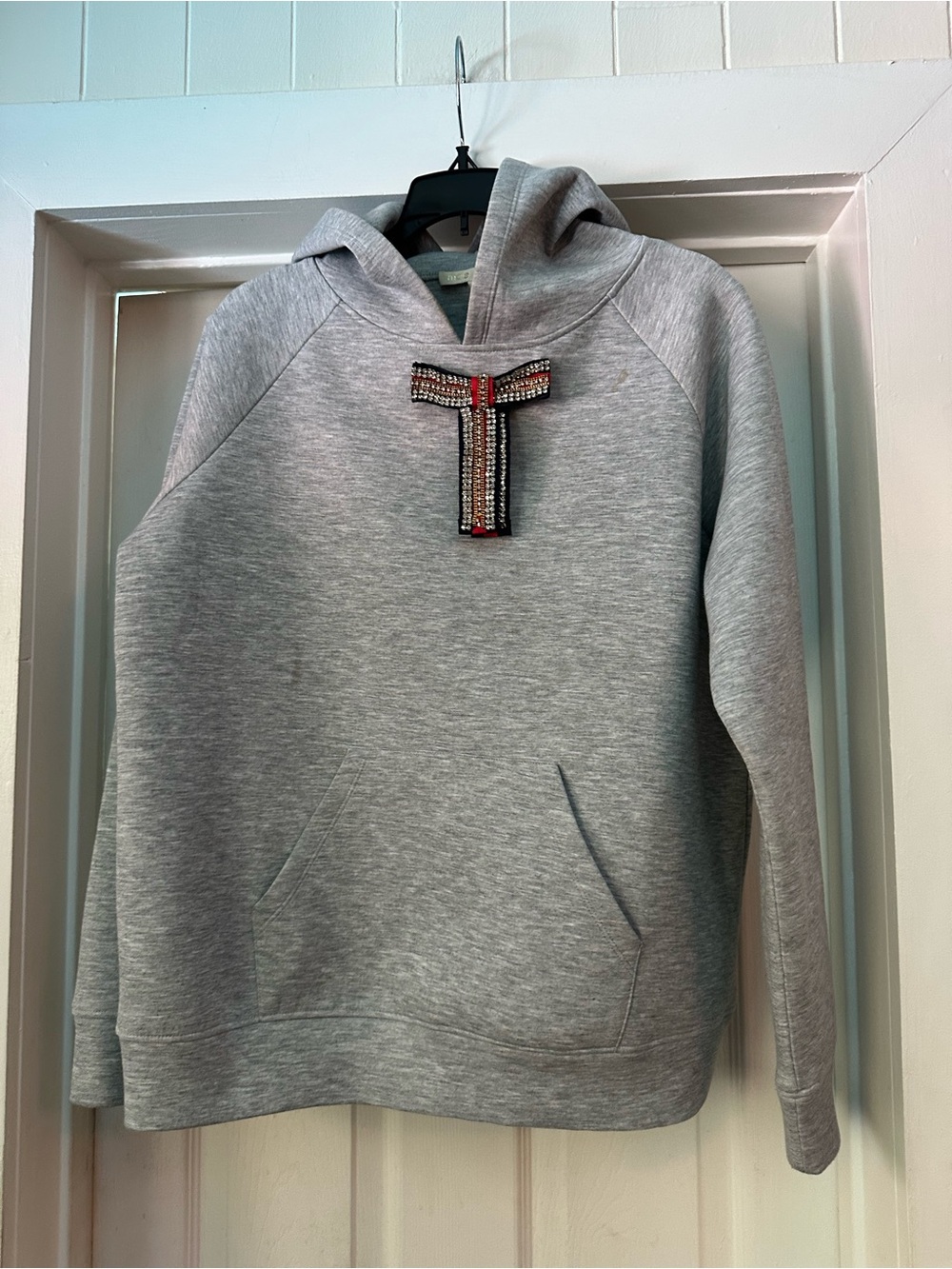 Gray Women Hoodie Sweatshirt with Decorative Beaded Accent